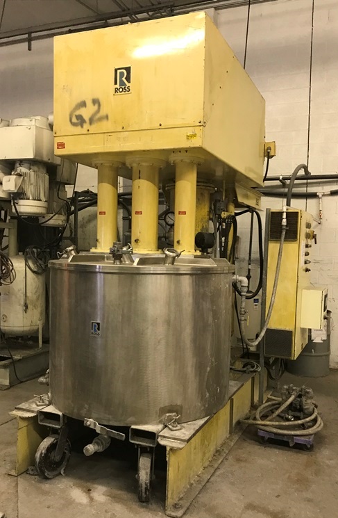 ***SOLD*** Used Ross Model PVM300 Triple Motion Stainless Steel Mixer.  Mixing capacity 150 to 300 gallon. Full capacity 398 gallon.  Stainless steel jacketed change can 15 psi.  Vacuum mixer.  Triple mixers including (1) three wing anchor agitator with scrapers on side and bottom of can.  (1) High Speed disperser. (1) High shear rotor stator mixer (requires head and cage).   Mixer motors (1) 15 Hp and  (2) 30 Hp 3 phase 60 cycle 230/460 volt 1765 rpm.  Change can is jacketed and on castors.   Hydraulic lift.